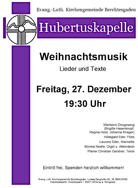 Einladung zum Weihnachtskonzert in die Hubertuskirche