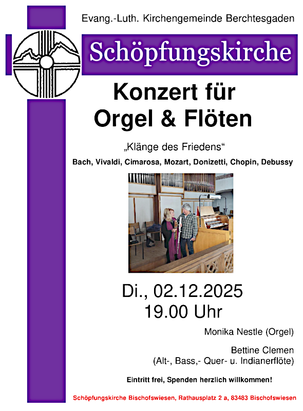 Einladung zum Konzert "Klänge des Friedens" am 2.12.2025 in der Schöpfungskirche Bischofswiesen